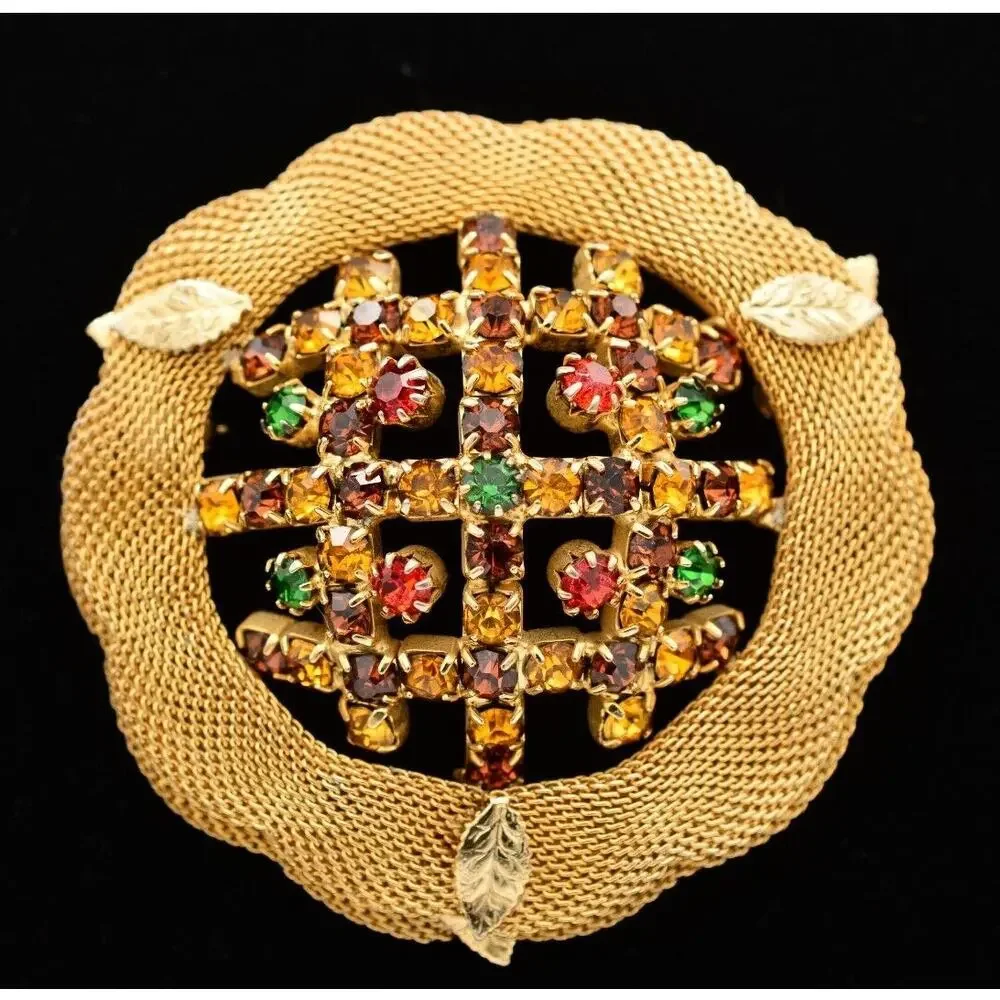 Vintage Crystal Pin Brooch Mesh Gold Prong Multi-Color Rhinestone 1970s BinAT